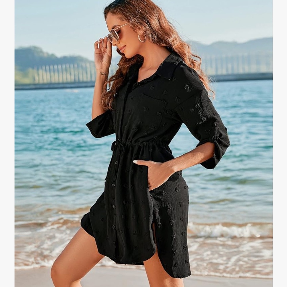 Women's Black Swiss Dot Swim Coverup - Picture 3 of 10